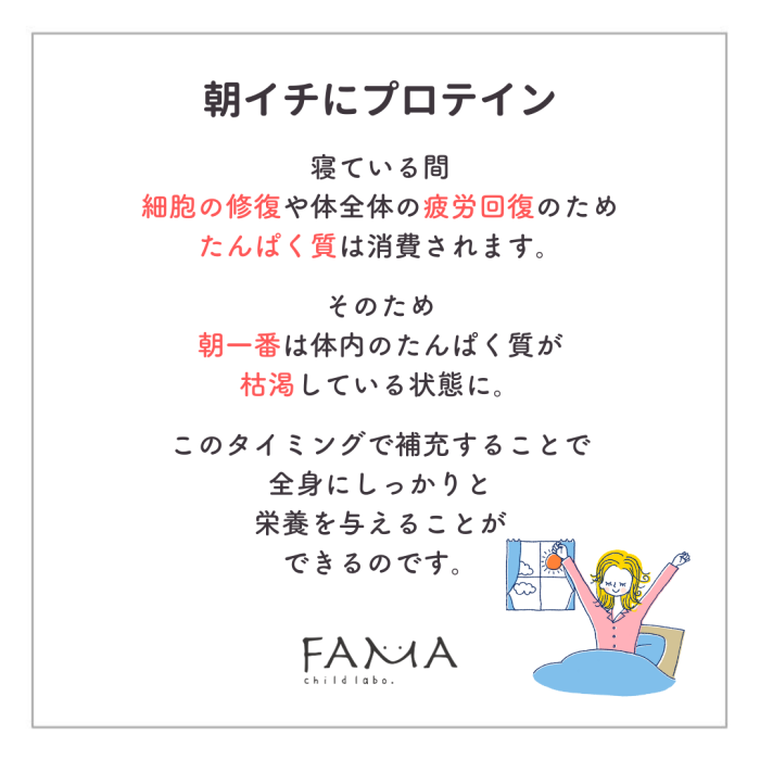 朝イチにプロテイン。朝一番は体内のたんぱく質が枯渇している状態。